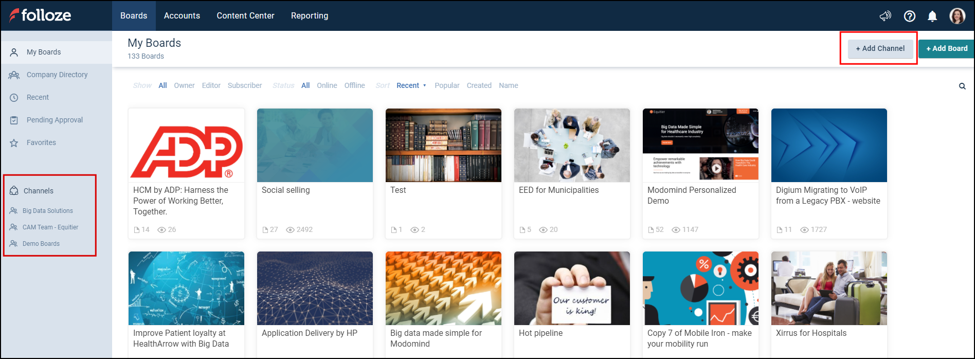Channels filter options view