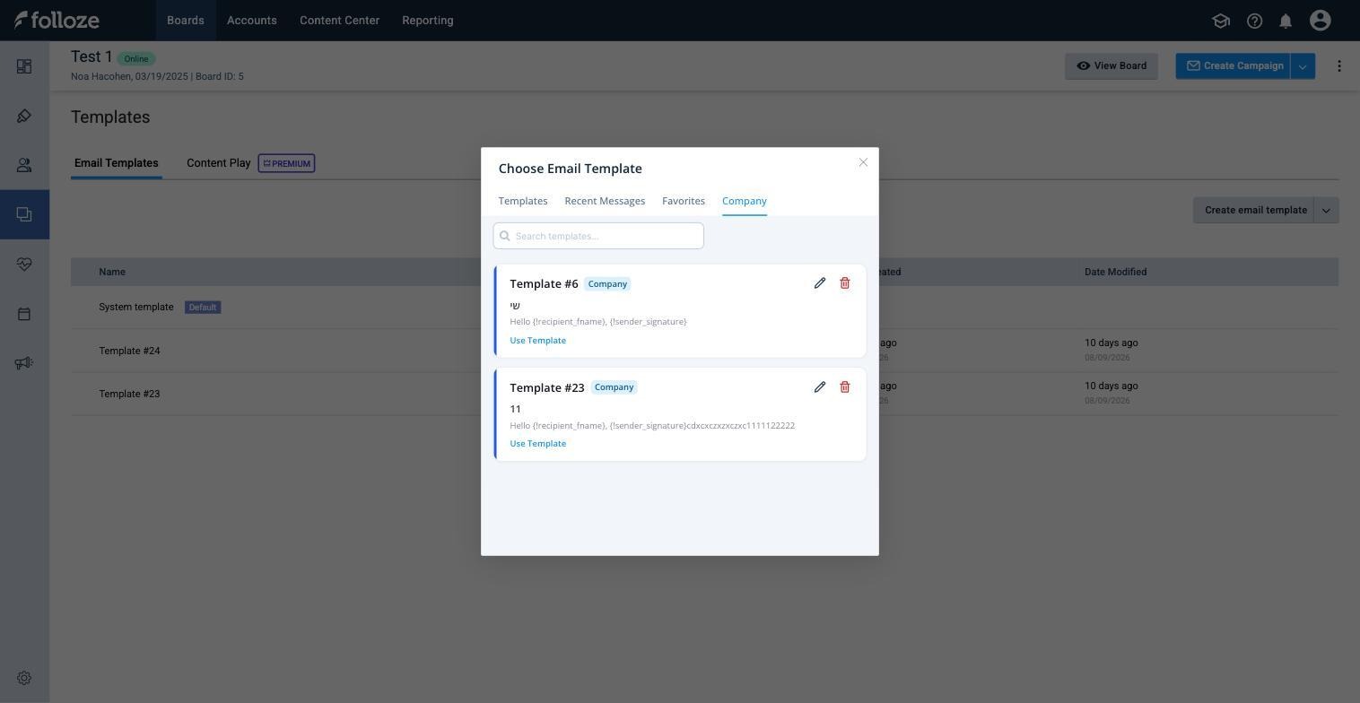 Company tab showing reusable email templates with Company badges and admin edit and delete controls.