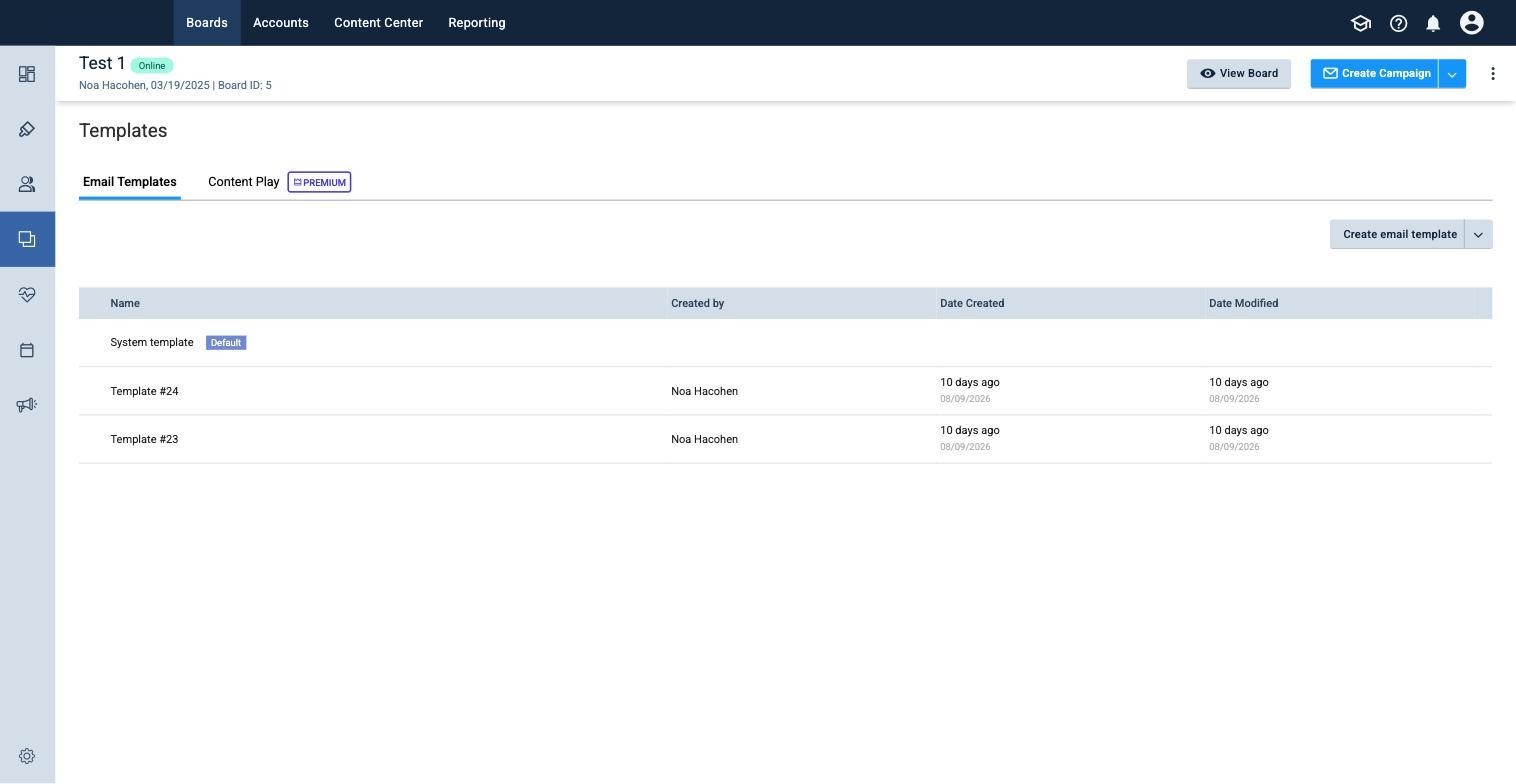 Email Templates table showing existing board templates and the Create email template button.