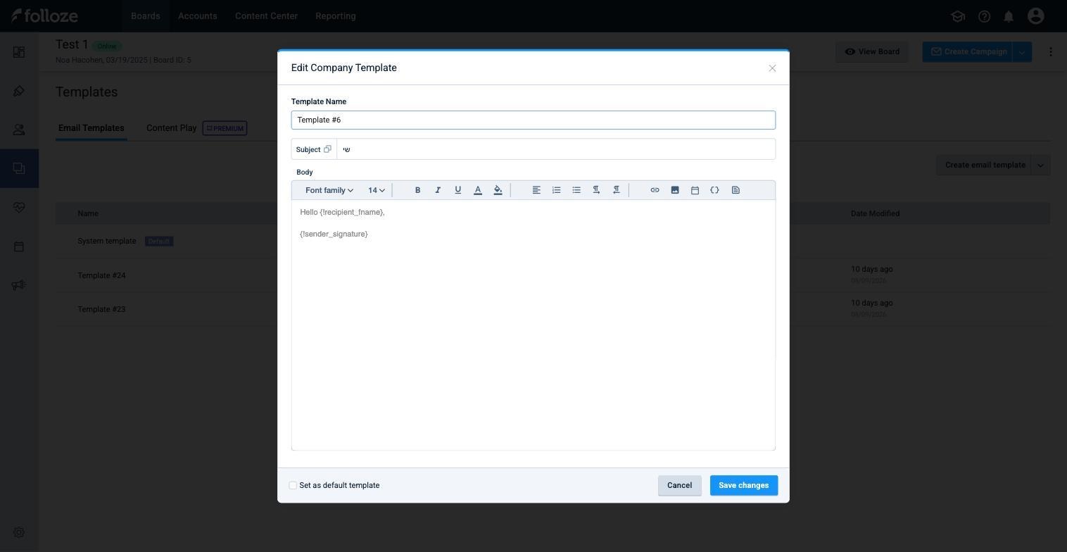 Edit Company Template dialog with the Save changes button.