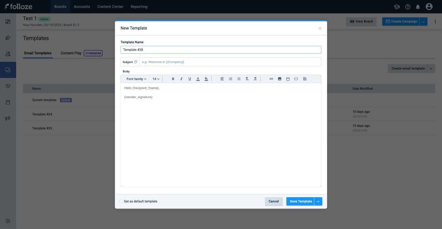 New Template dialog with Template Name, Subject, Body, default-template option, and Save Template controls.
