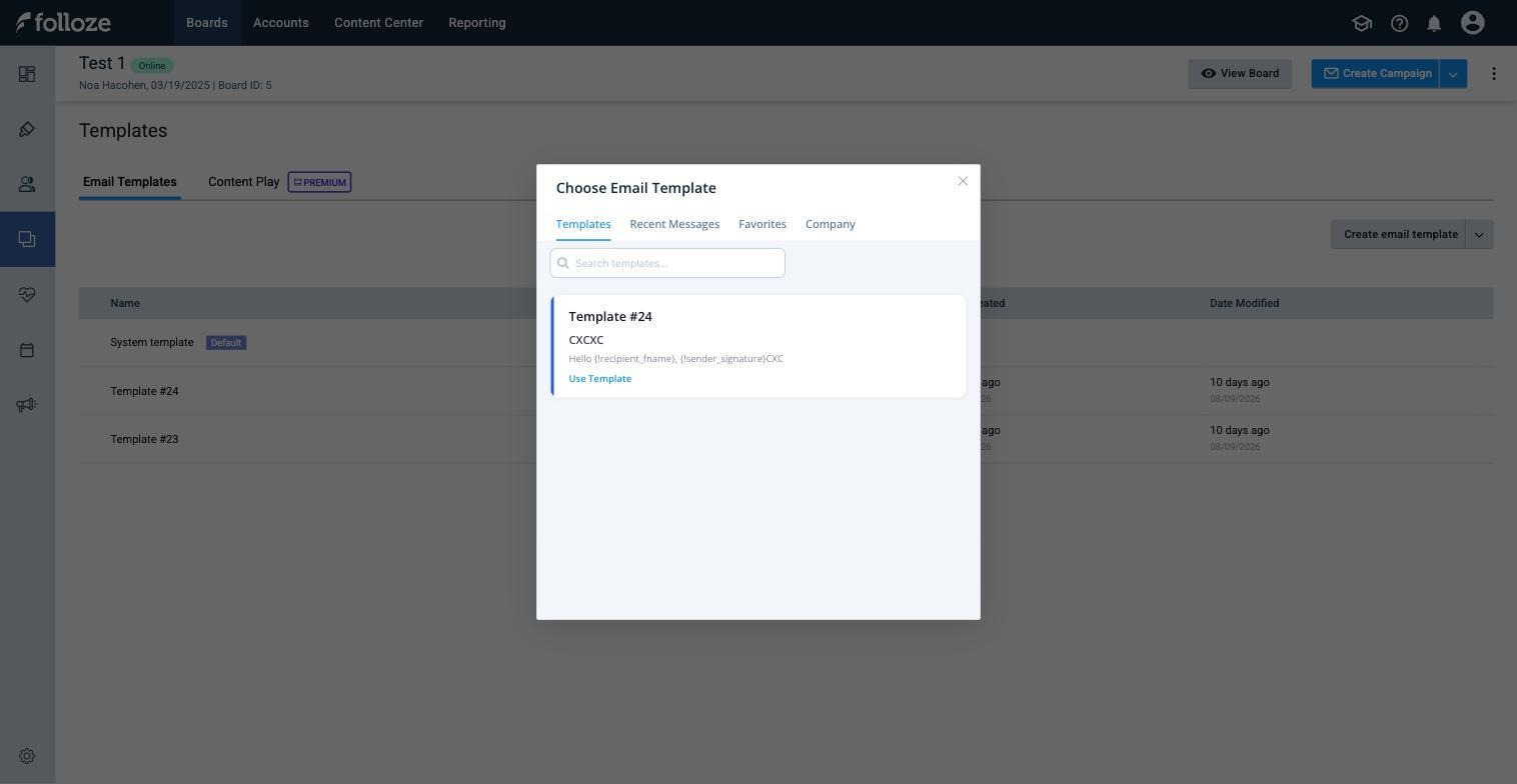 Choose Email Template dialog showing templates available on the current board.