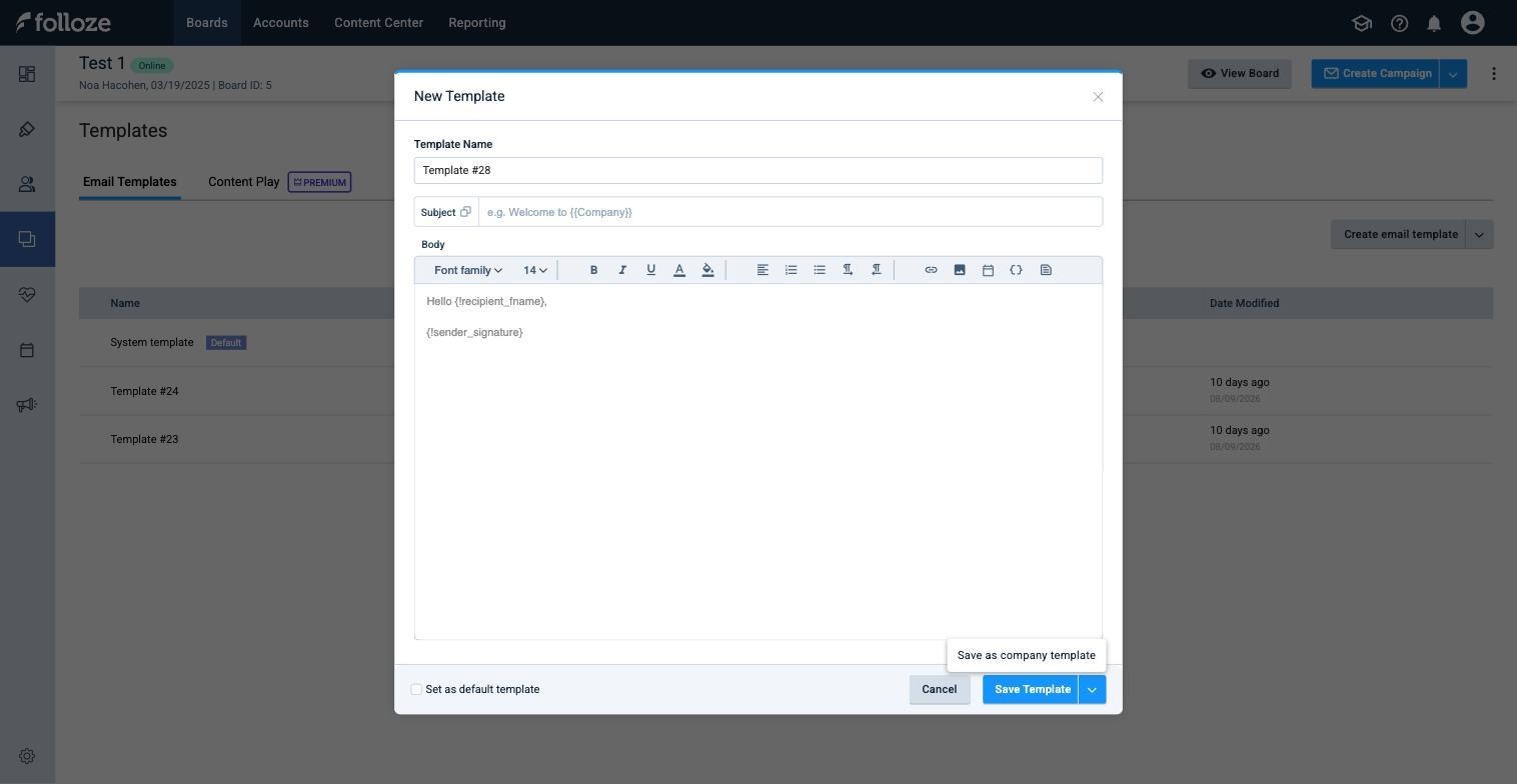 New Template dialog showing the Save as company template option next to Save Template.